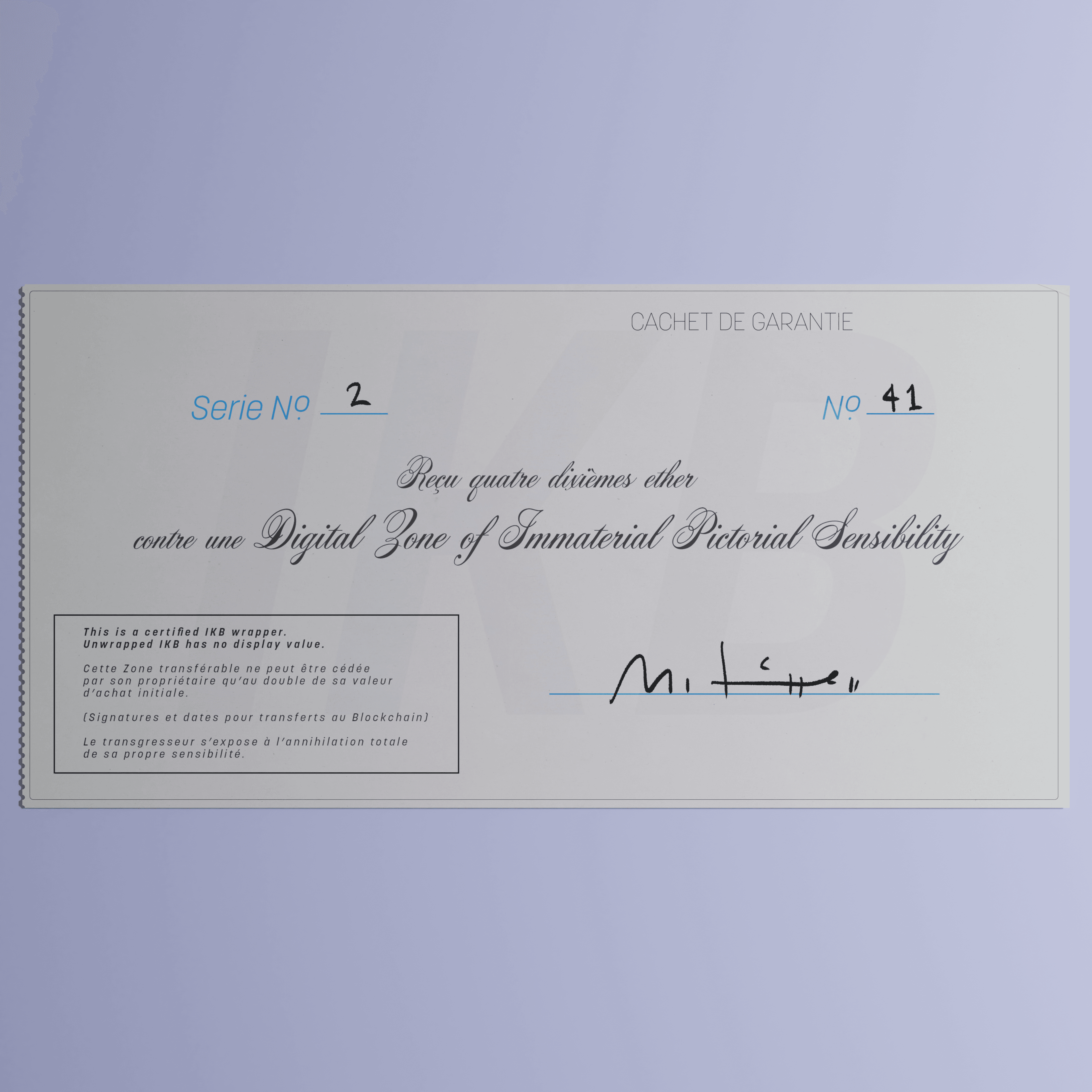 Digital Zone of Immaterial Pictorial Sensibility, Series 2, Edition 41. (Wrapped)